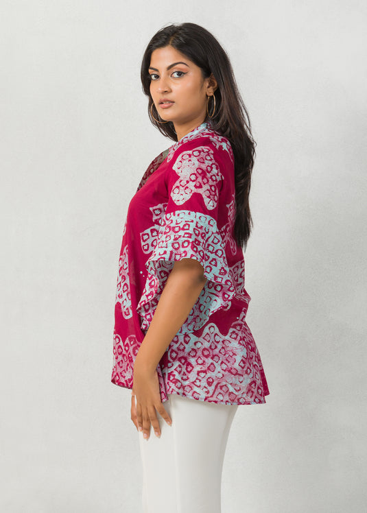 Batik printed flounce sleeves detailed chineese collaed  top