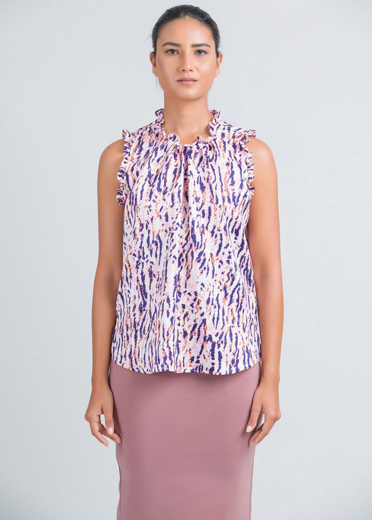 Sleeveless blouse with frill and pleat detailing