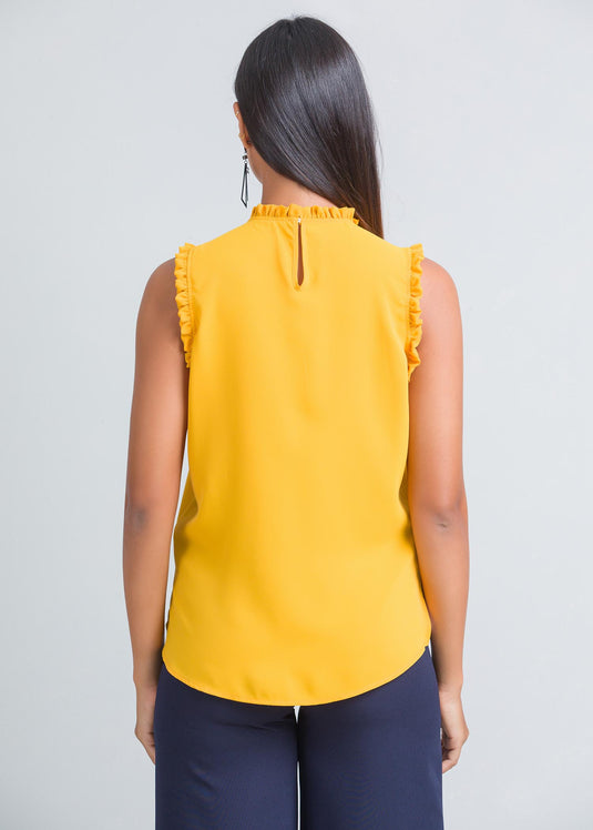 Sleeveless blouse with frill and pleat detailing