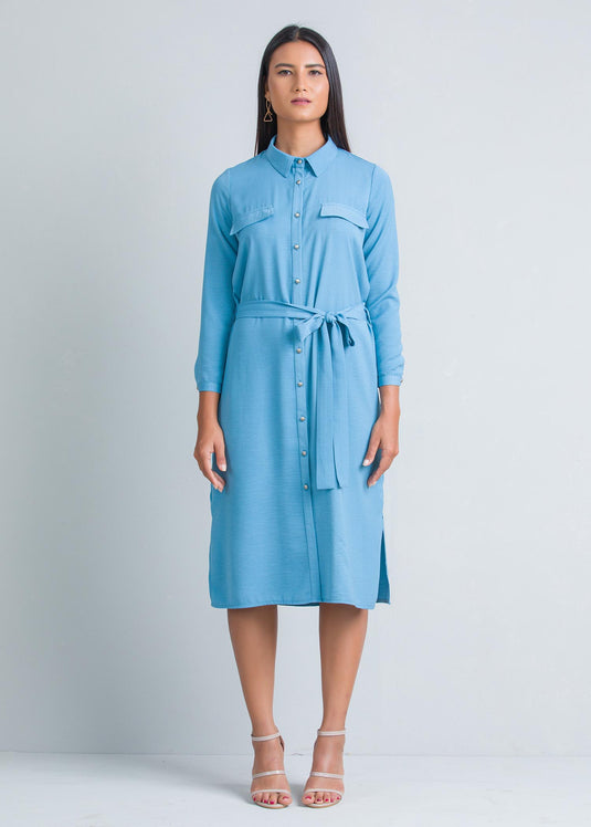 Midi length shirt dress with belt