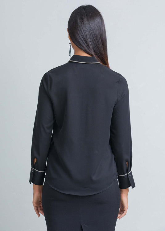 Long sleeve blouse with contrast piping