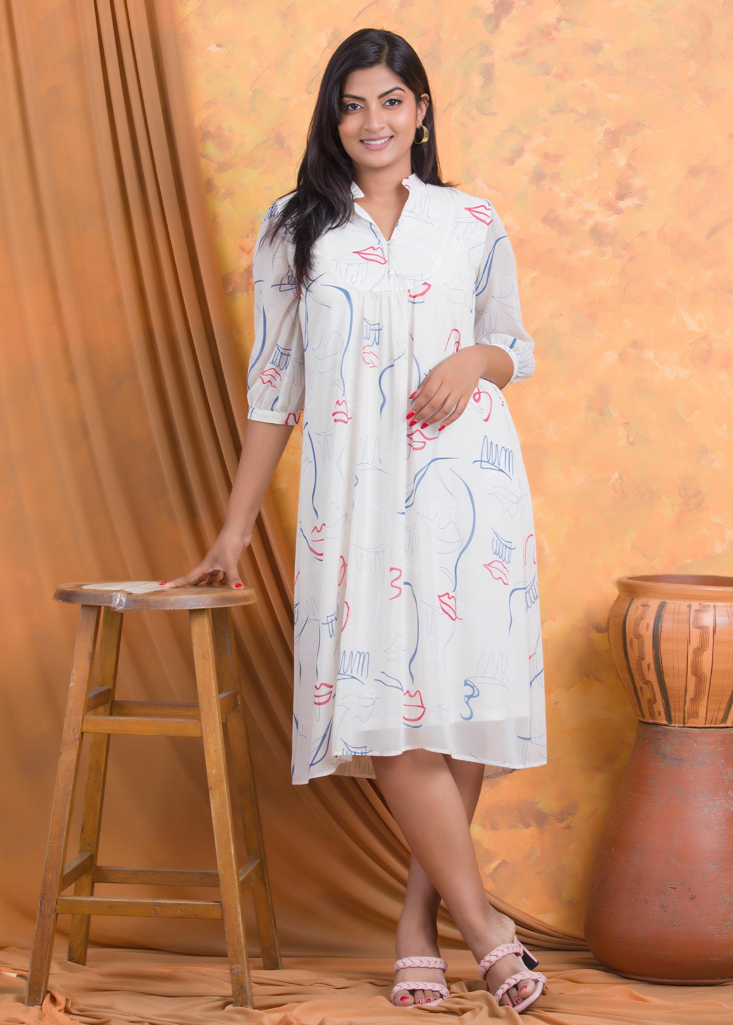 Printed dress with front yoke