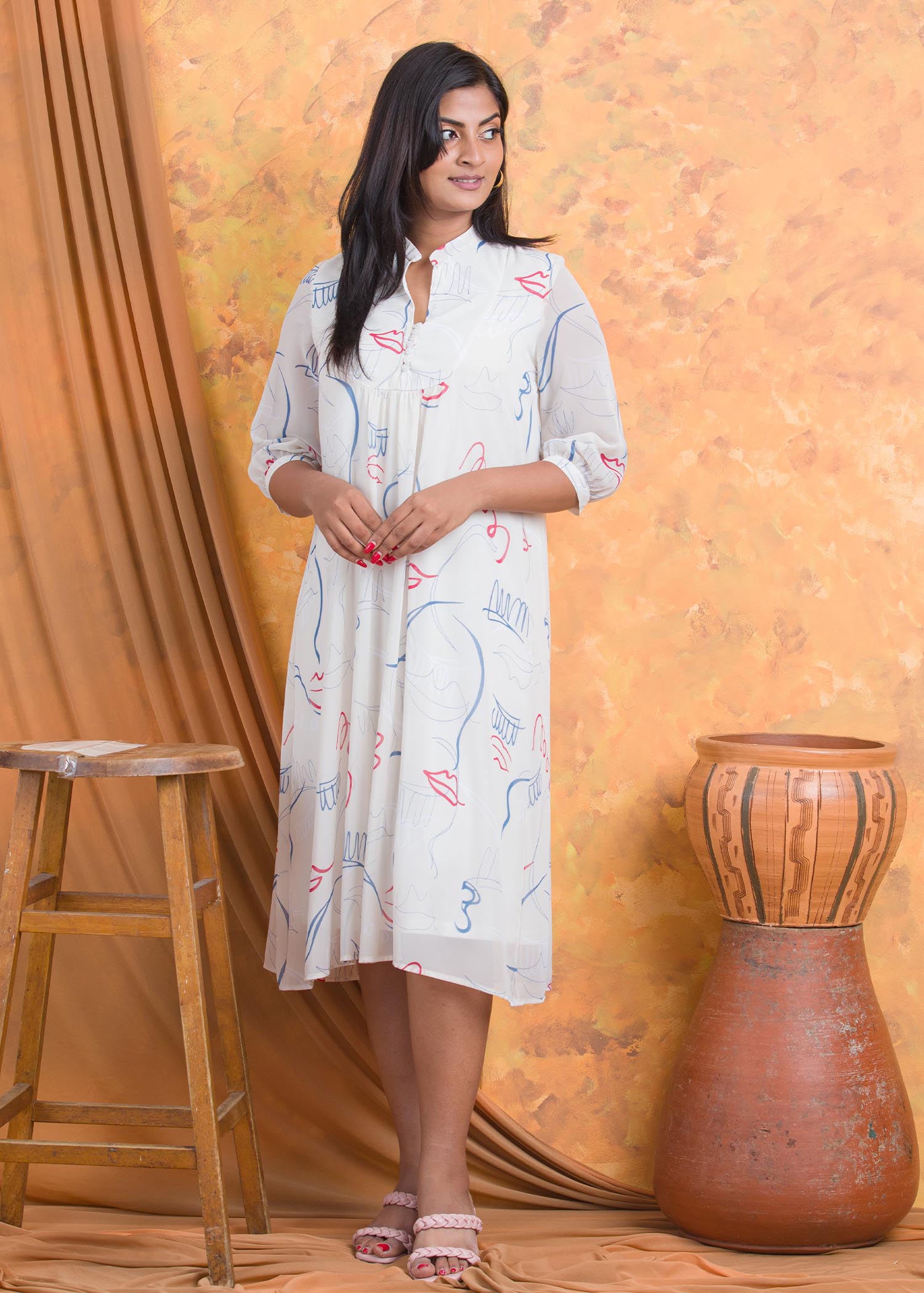 Printed dress with front yoke