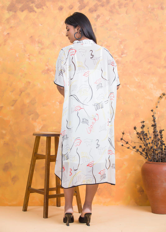Printed Kaftan Dress with Contrast Piping