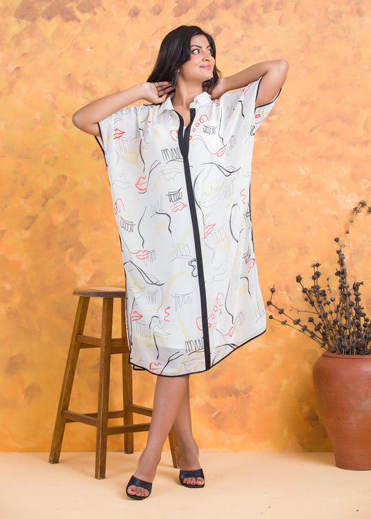 Printed Kaftan Dress with Contrast Piping