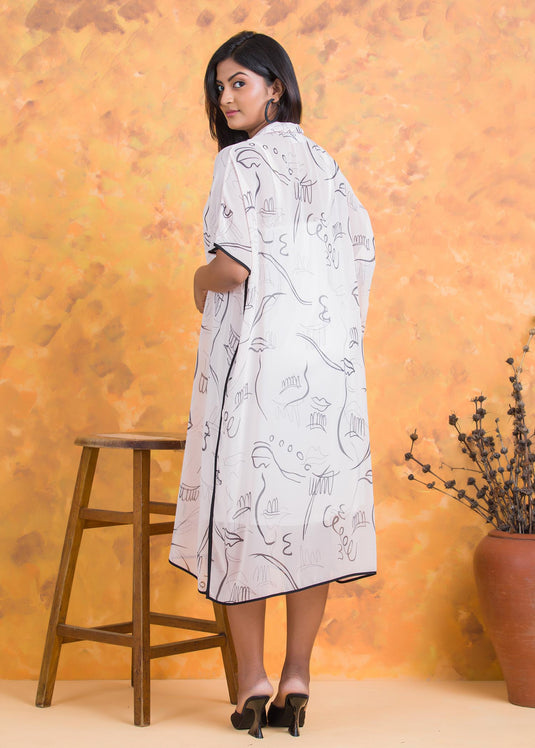 Printed Kaftan Dress with Contrast Piping
