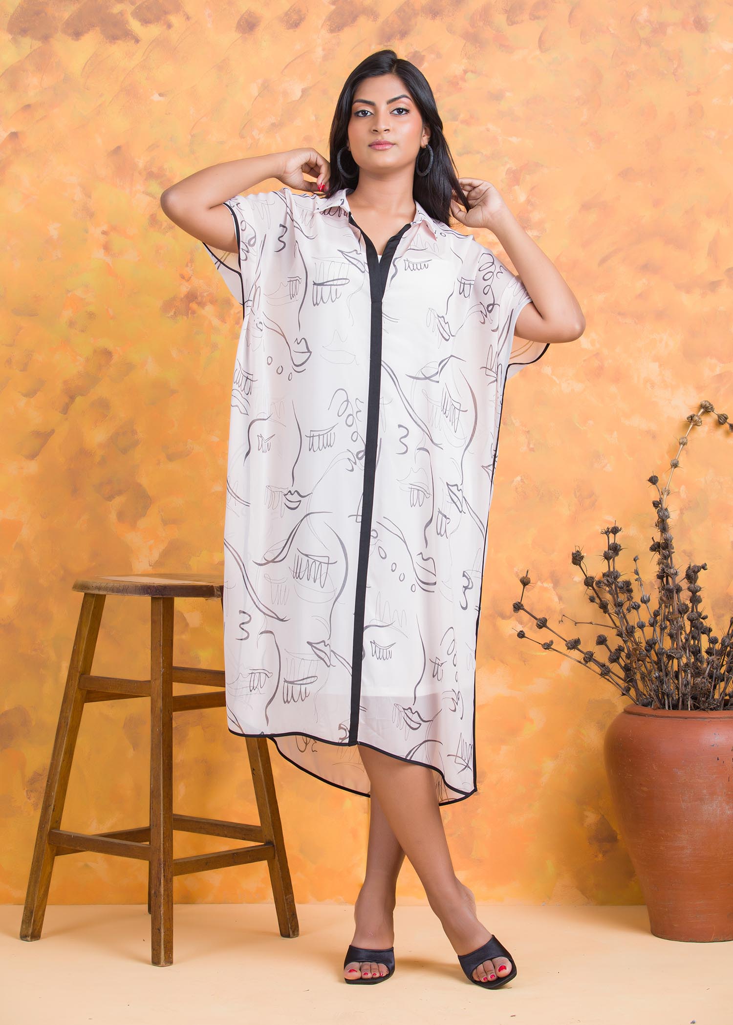 Printed Kaftan Dress with Contrast Piping