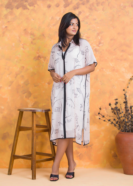 Printed Kaftan Dress with Contrast Piping