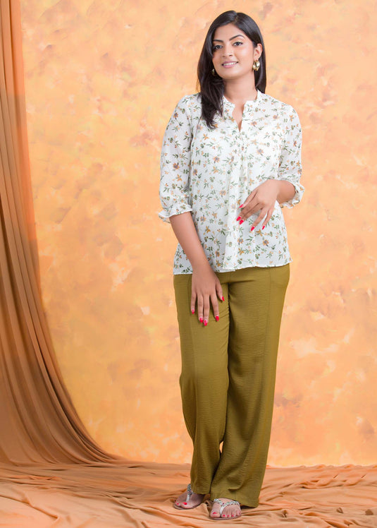 Printed chiffon blouse with smocking detail