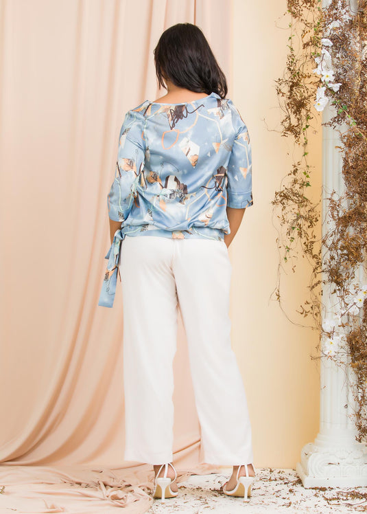 Printed V Neck Blouse With Tie