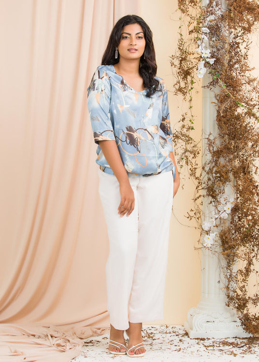 Printed V Neck Blouse With Tie