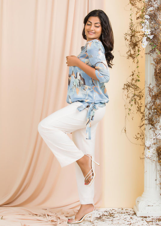 Printed V Neck Blouse With Tie