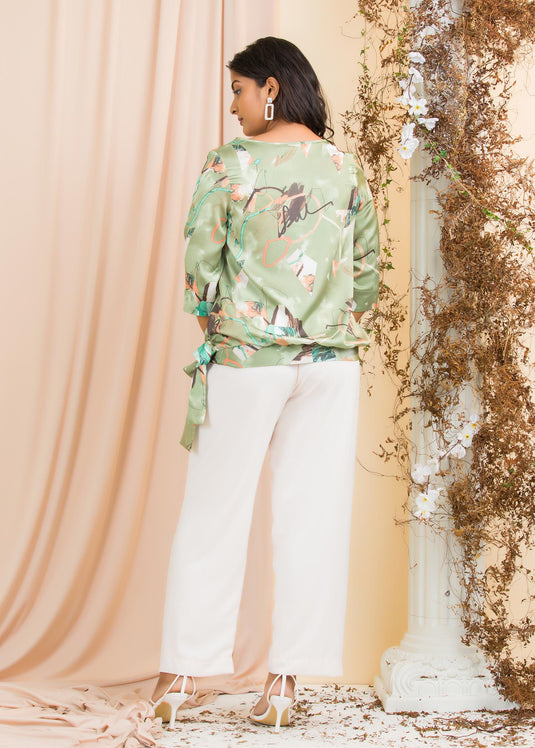 Printed V Neck Blouse With Tie