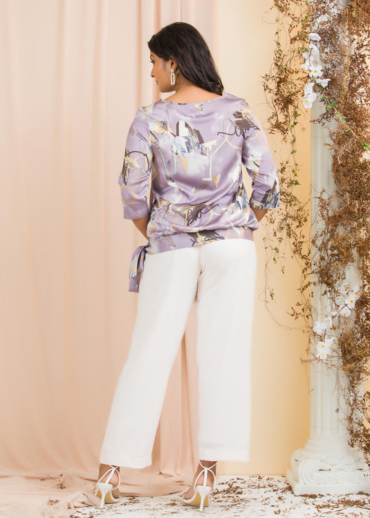 Printed V neck blouse with tie