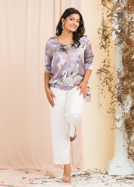 Printed V neck blouse with tie