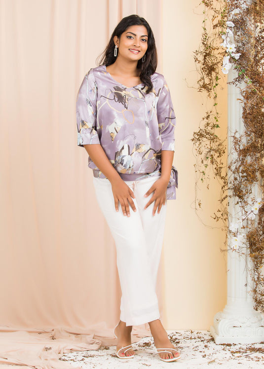 Printed V neck blouse with tie