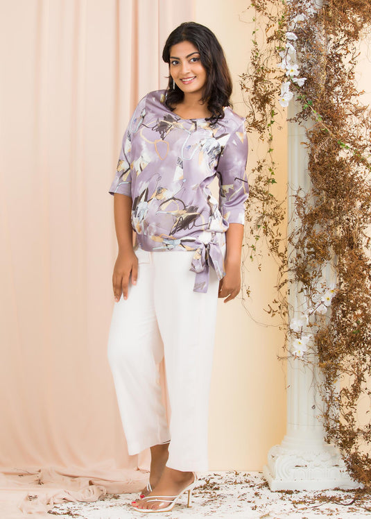 Printed V neck blouse with tie