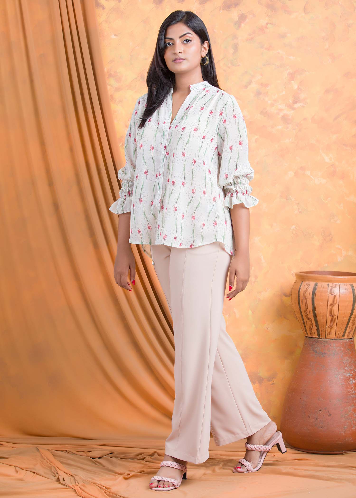 Printed chiffon blouse with cuff detail