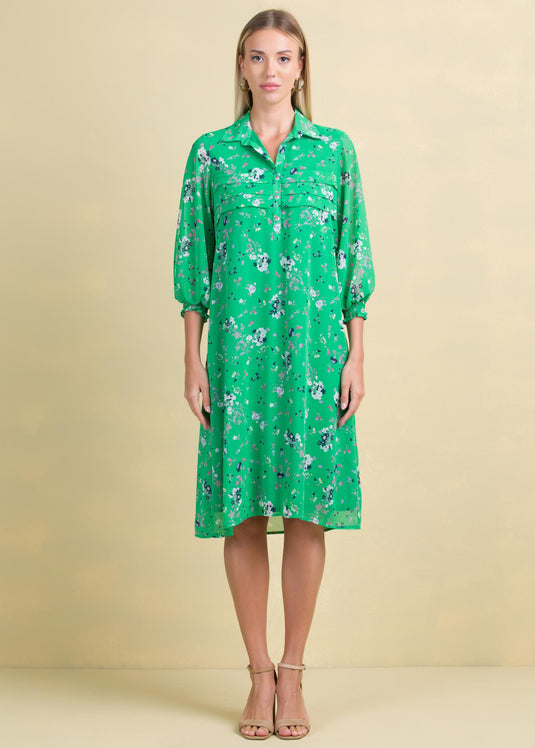 Printed chiffon dress with front pleats