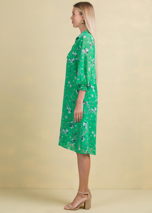 Printed chiffon dress with front pleats