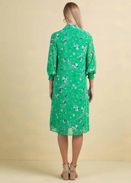 Printed chiffon dress with front pleats