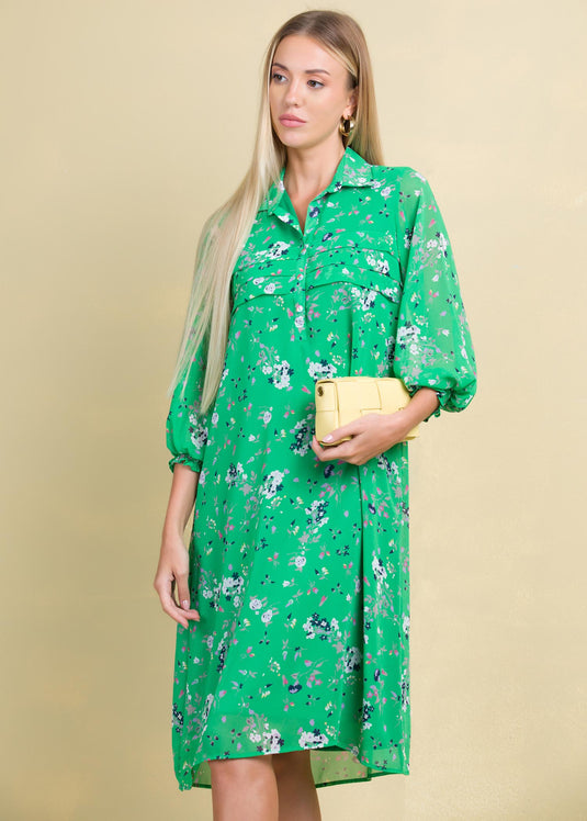 Printed chiffon dress with front pleats