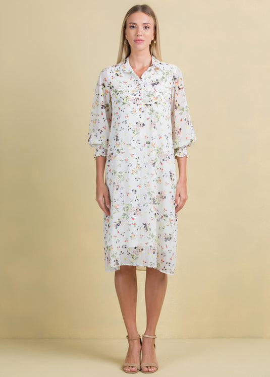 Printed chiffon dress with front pleats