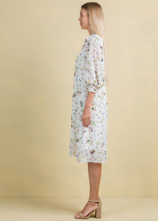 Printed chiffon dress with front pleats