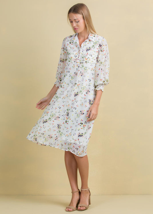 Printed chiffon dress with front pleats