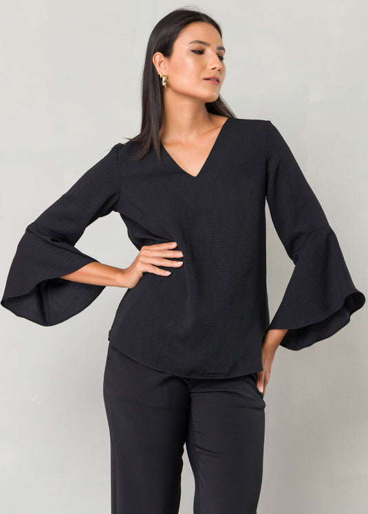 Flounce sleeve V neck blouse