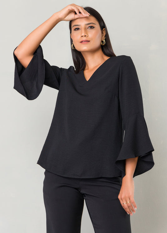 Flounce sleeve V neck blouse