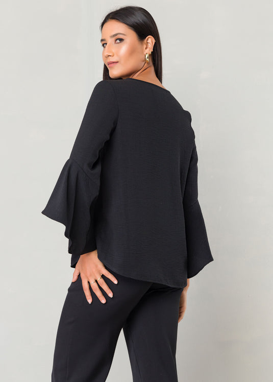 Flounce sleeve V neck blouse