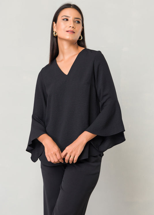 Flounce sleeve V neck blouse