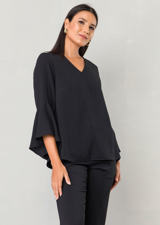 Flounce sleeve V neck blouse