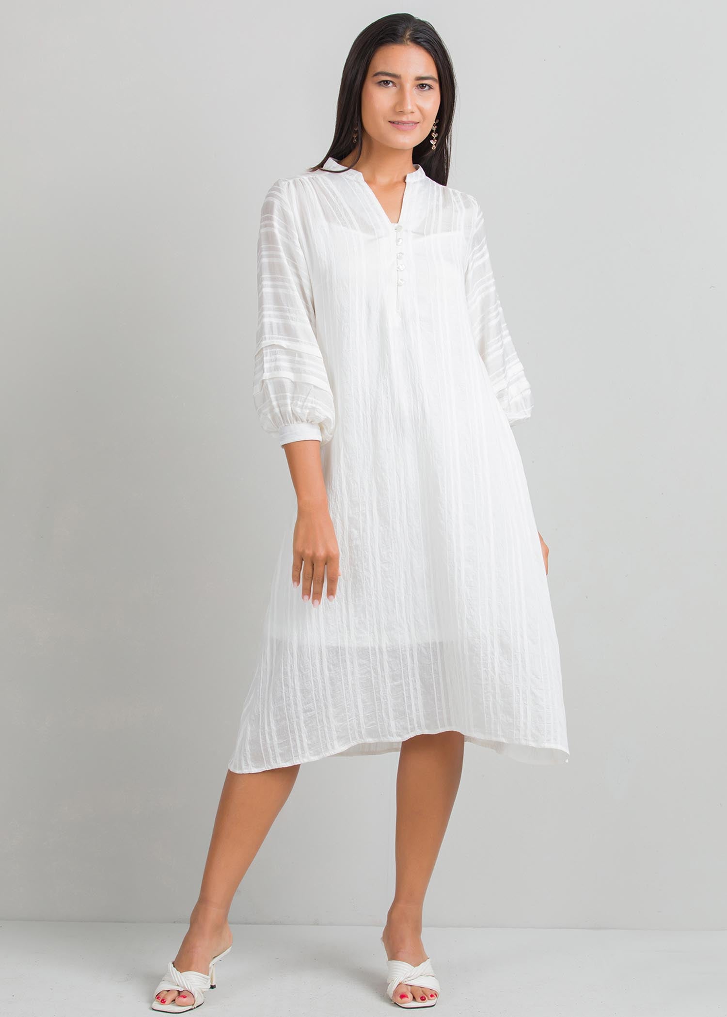Shift dress with pin tucks on sleeves