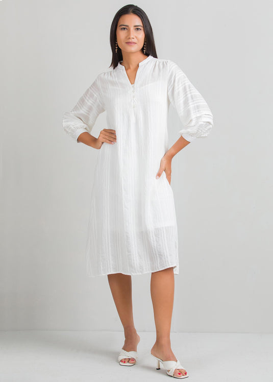 Shift dress with pin tucks on sleeves