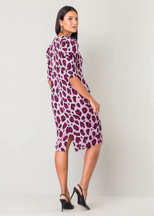 Animal print dress with leg of mutton sleeve