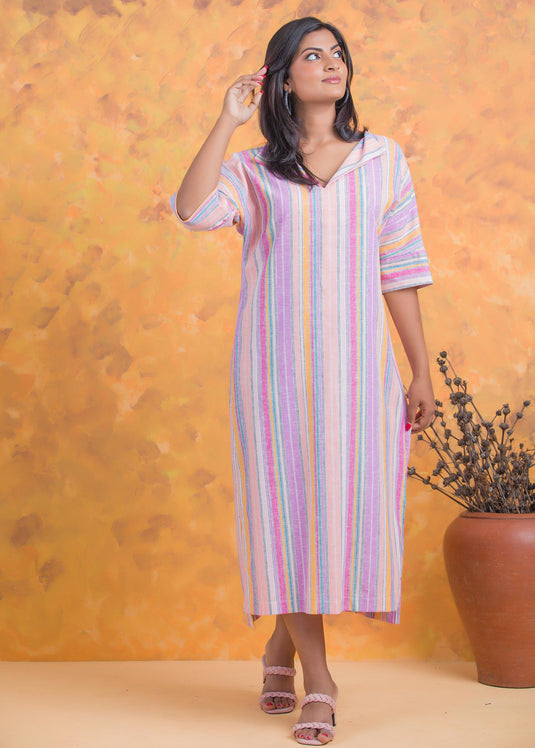 Side slit detailed collared long kaftan dress