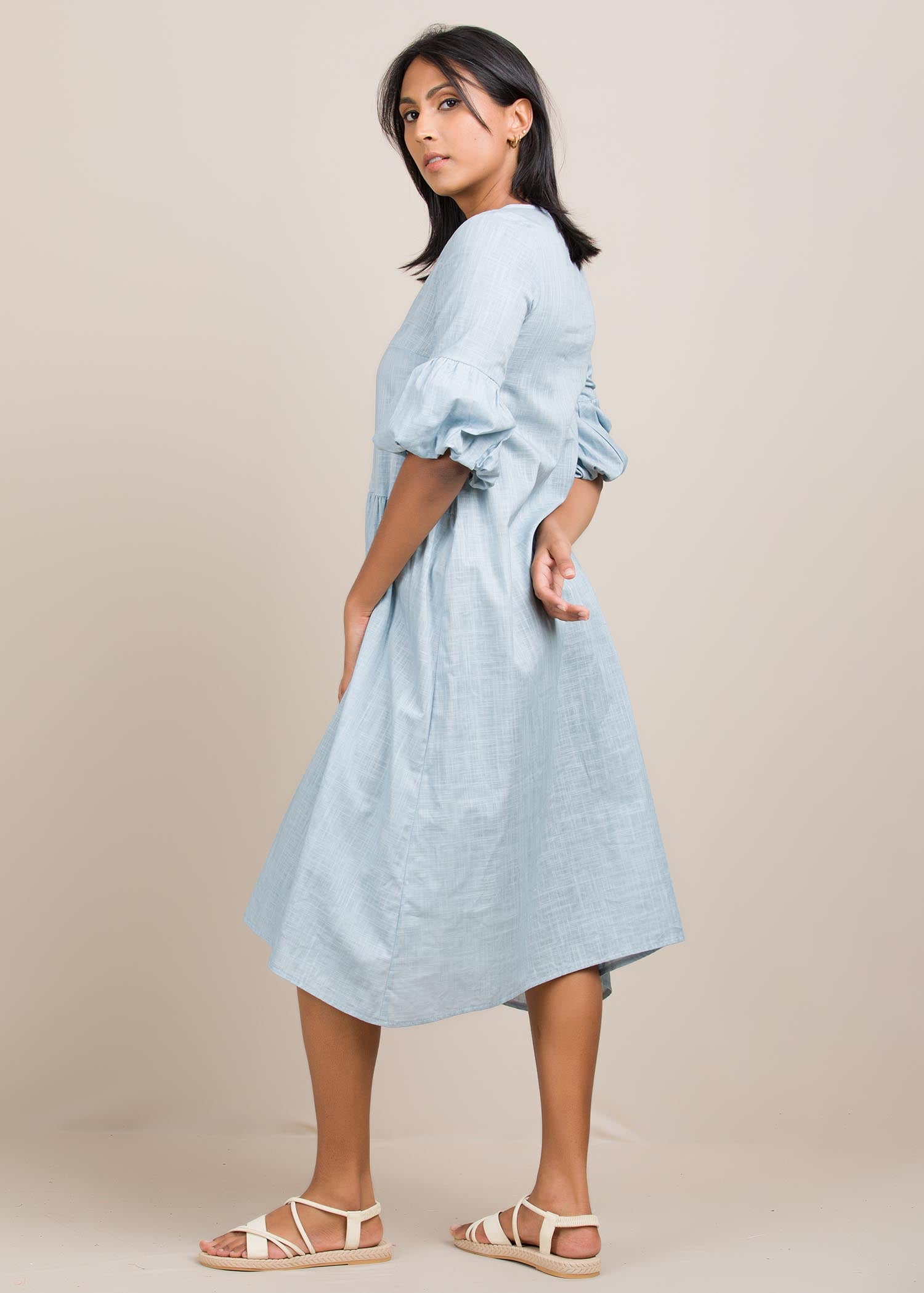 Button down dress with puff sleeve