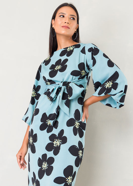 Bold floral print dress with tie