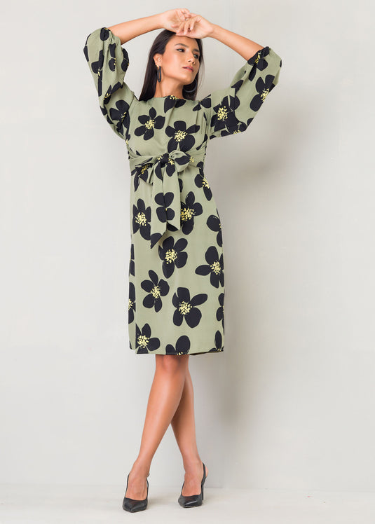 Bold floral print dress with tie