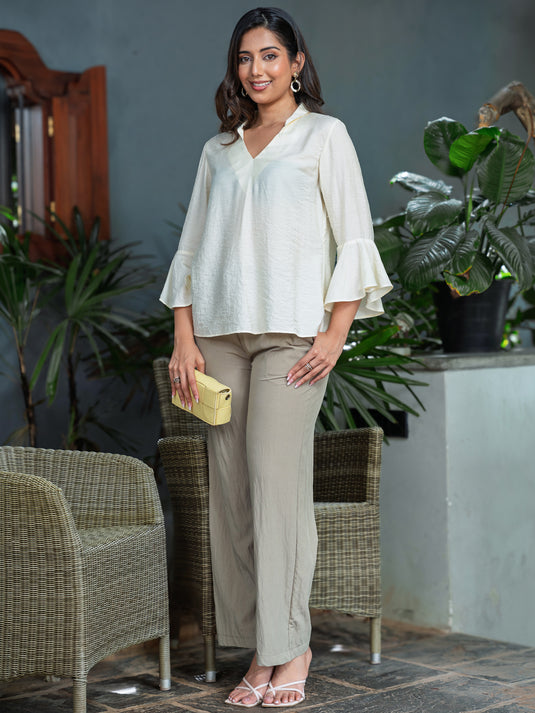 V neck blouse with fluted sleeve