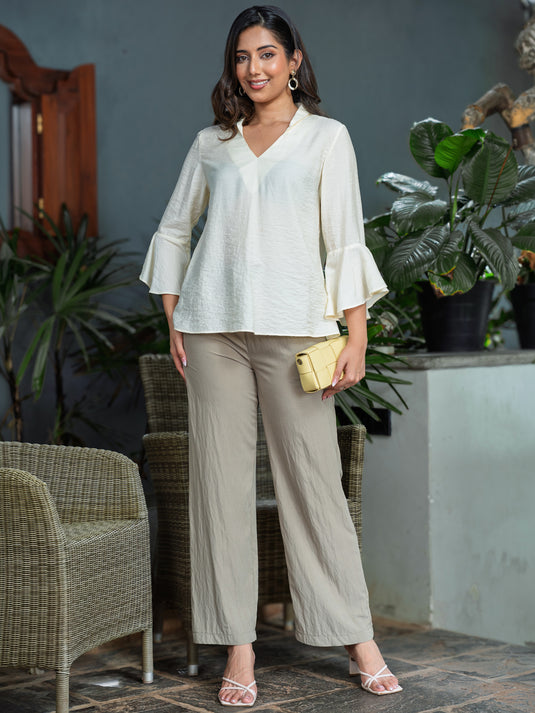 V neck blouse with fluted sleeve