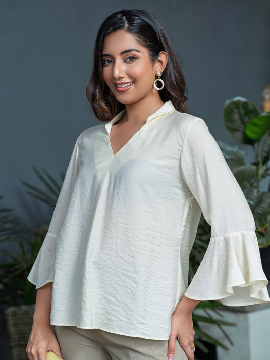 V neck blouse with fluted sleeve