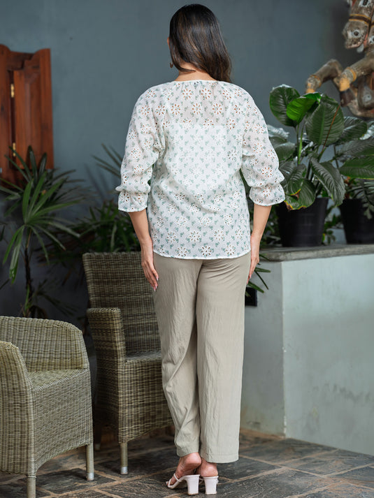 Long sleeve printed blouse with tassels
