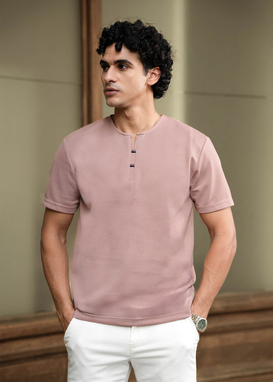 Casual Wear Waffle Notch  Neck  T-Shirt
