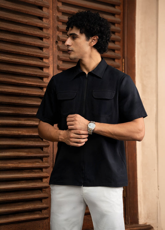 Mens Self Collar T-shirt with  Zipper