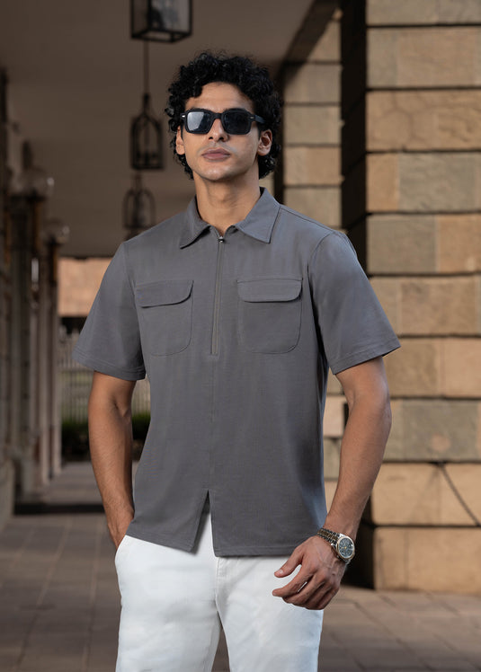 Mens Self Collar T-shirt with  Zipper