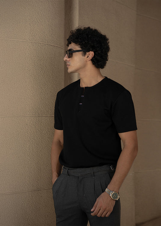 Casual Wear Waffle Notch  Neck  T-Shirt