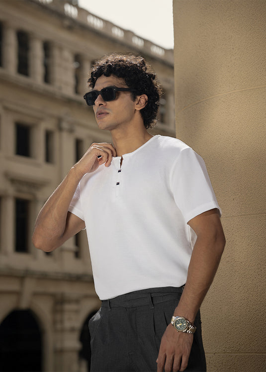 Casual Wear Waffle Notch  Neck  T-Shirt